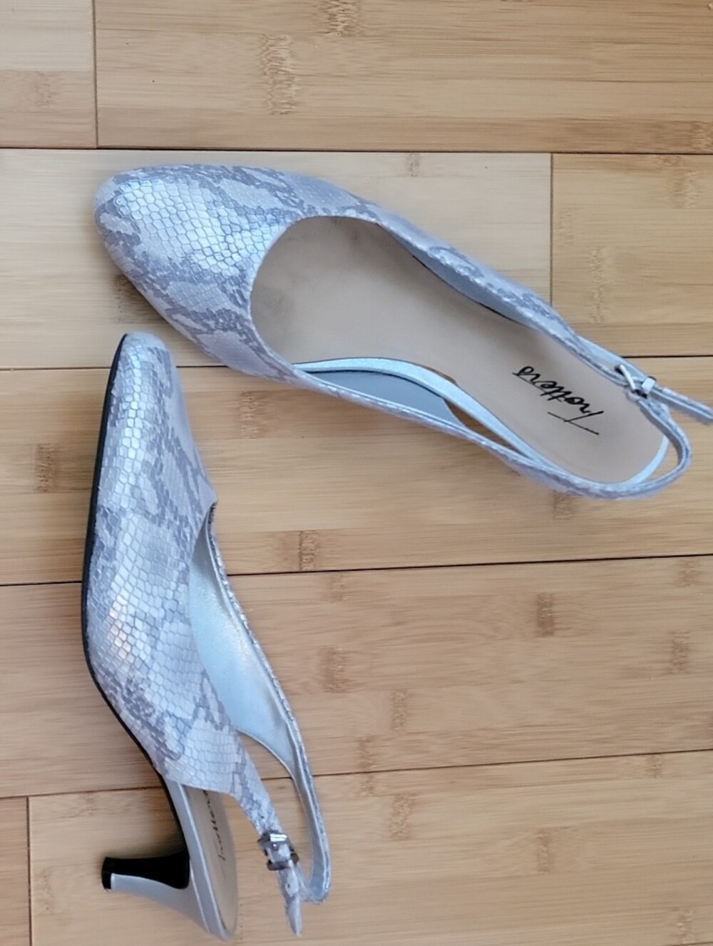 Silver Snake-Print Slingback Kitten Heels